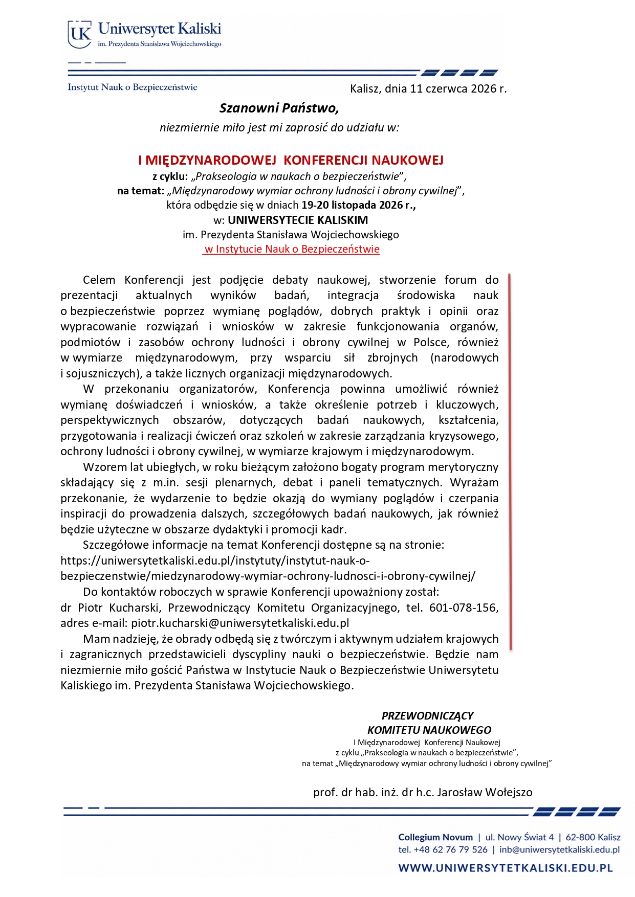 Zaproszenie na I Międzynarodową Konferencję Naukową „Międzynarodowy wymiar ochrony ludności i obrony cywilnej”, 19–20 listopada 2026 r. w Uniwersytecie Kaliskim
